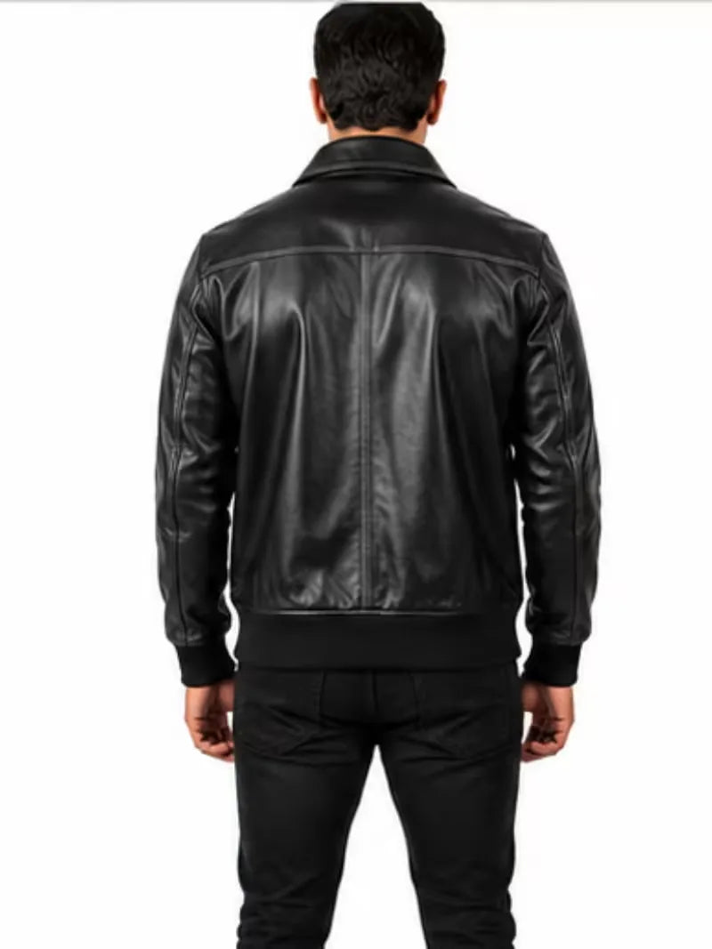 Men's black sheepskin leather jacket, back view