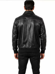 Men's black sheepskin leather jacket, back view