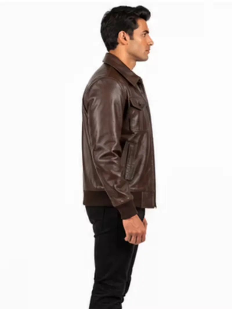 Men's black sheepskin leather jacket, lining detail