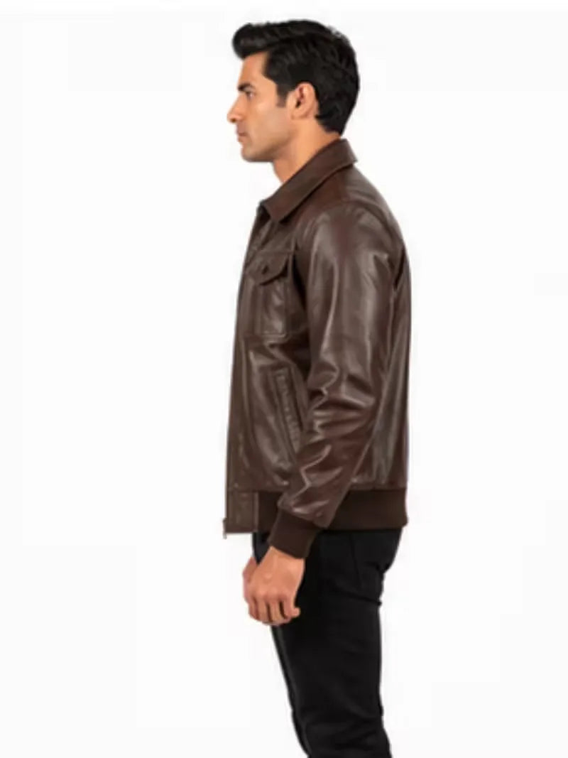 Men's black sheepskin leather jacket, pocket detail
