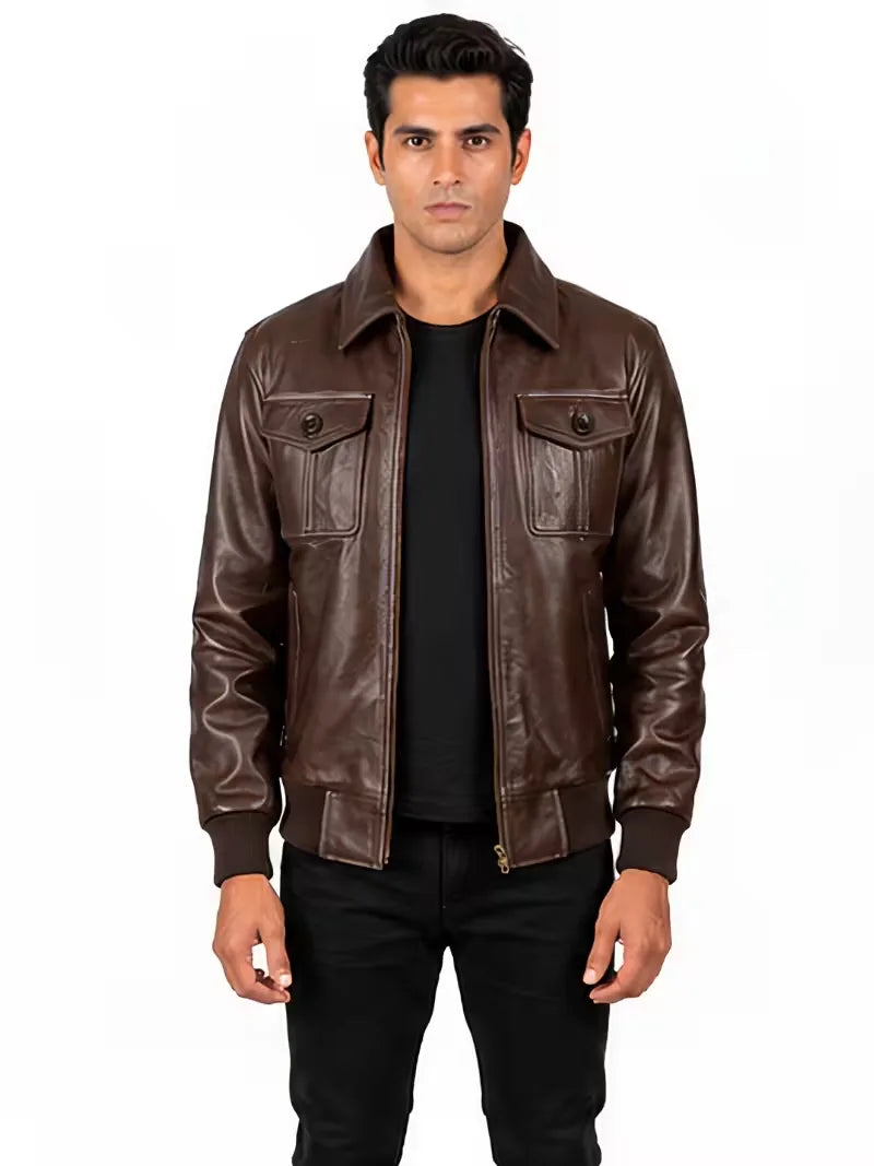 Men's black sheepskin leather jacket, zip and closure detail