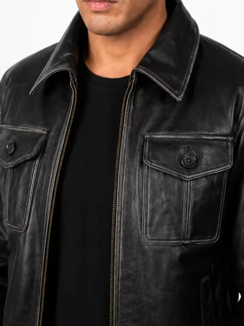 Men's black sheepskin leather jacket, collar detail