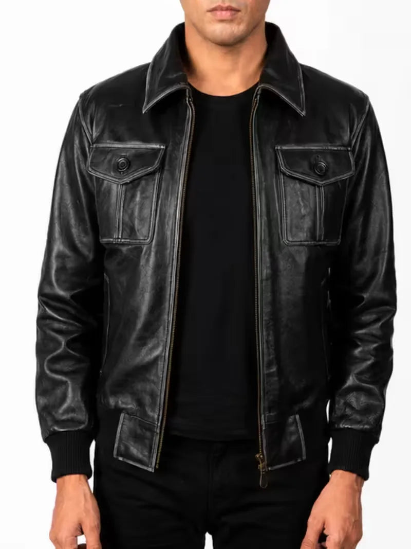 Men's black sheepskin leather jacket, side view