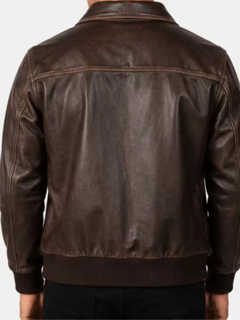 Men's black sheepskin leather jacket, back view