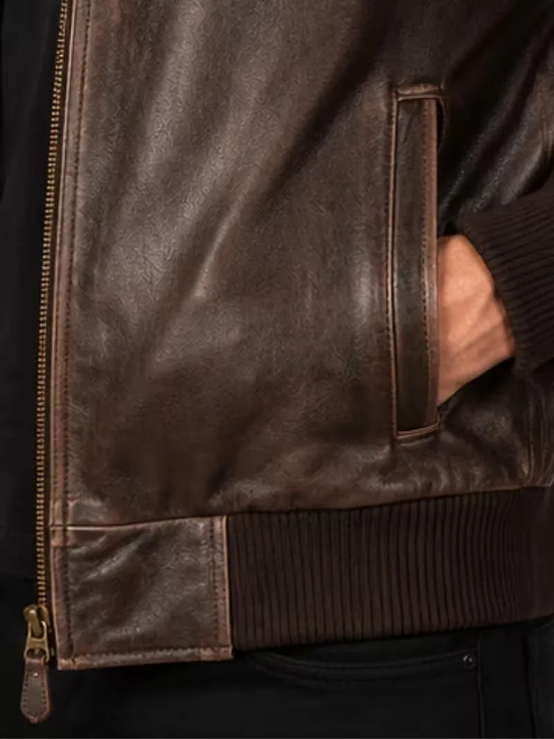 Men's black sheepskin leather jacket, front view