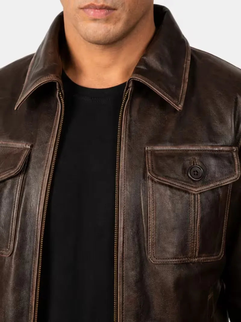 Men's black sheepskin leather jacket, worn on model