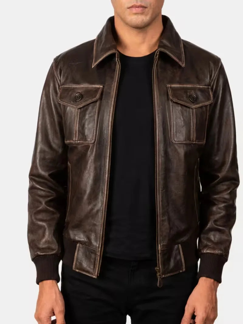 Men's black sheepskin leather jacket, full length