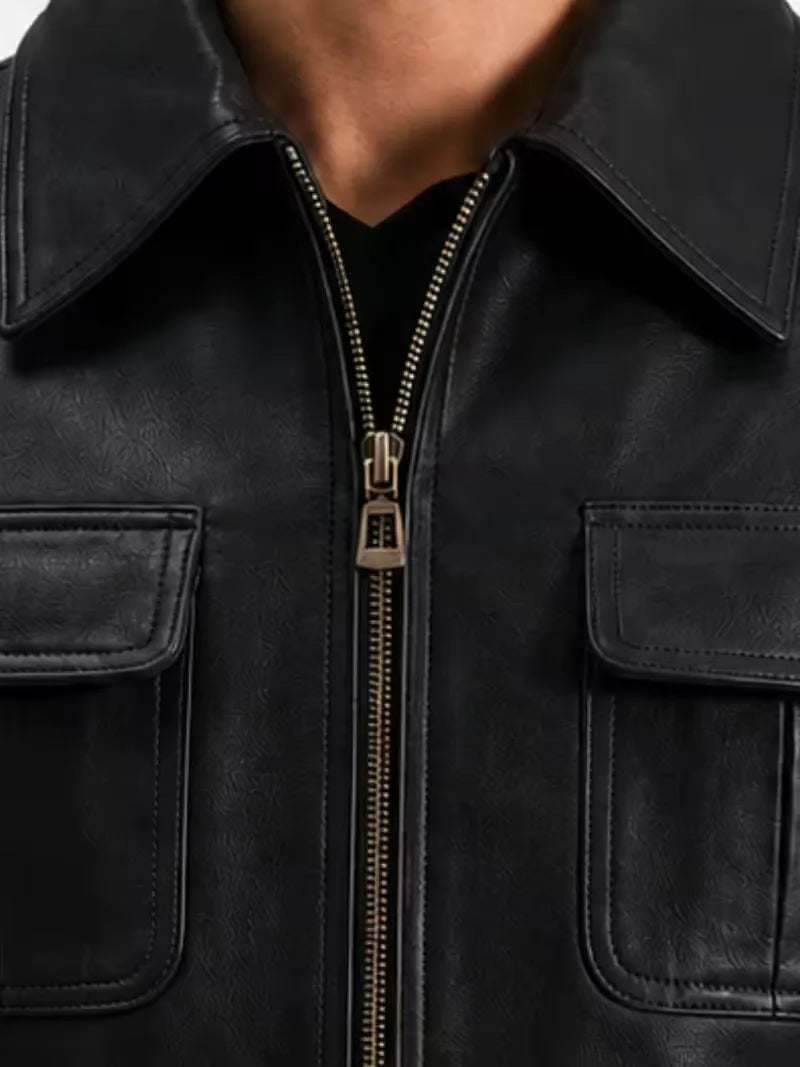 Men's black sheepskin leather jacket, cuff detail