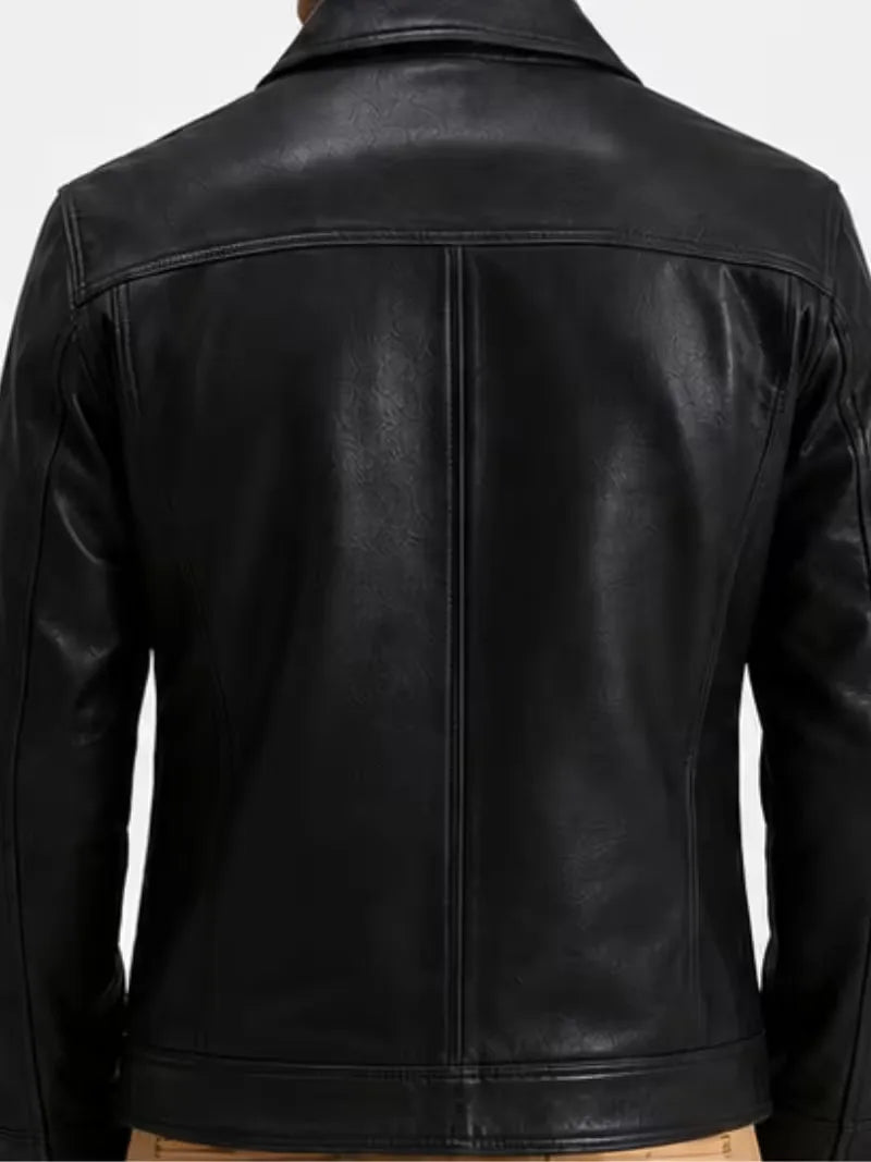 Men's black sheepskin leather jacket, zip and closure detail