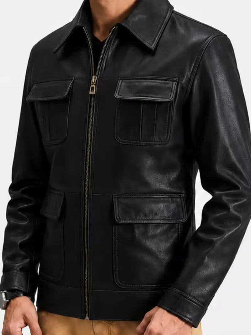 Men's black sheepskin leather jacket, collar detail
