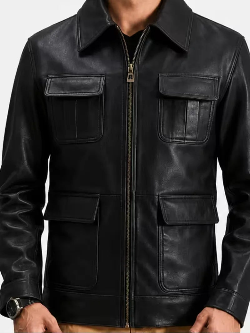 Men's black sheepskin leather jacket, side view