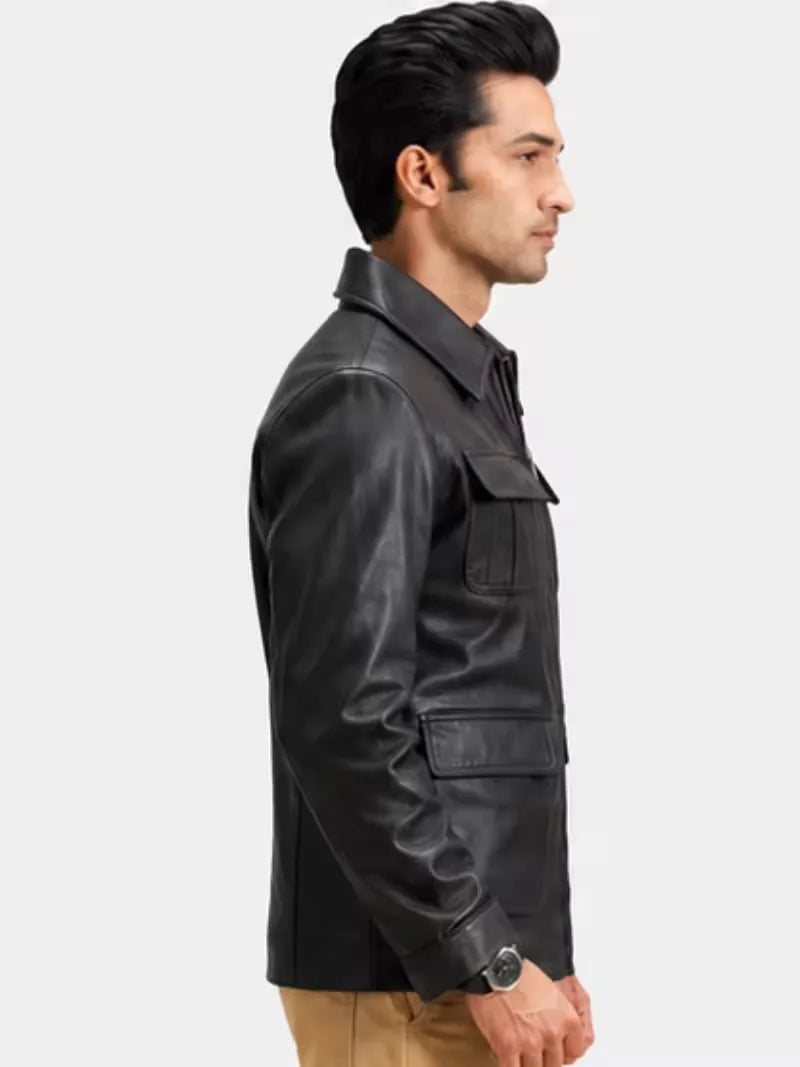 Men's black sheepskin leather jacket, side view