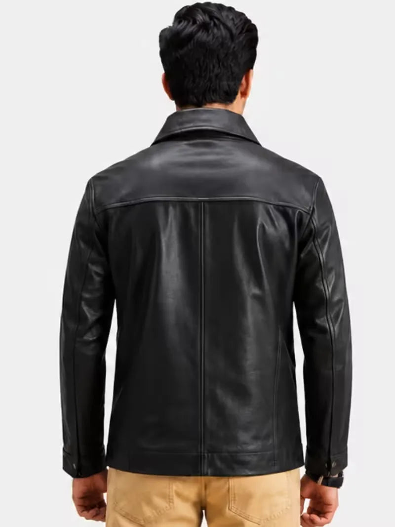 Men's black sheepskin leather jacket, back view