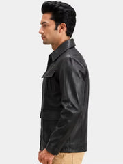 Men's black sheepskin leather jacket, collar detail