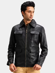 Men's black sheepskin leather jacket, front view