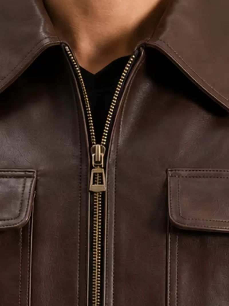 Men's black sheepskin leather jacket, back view