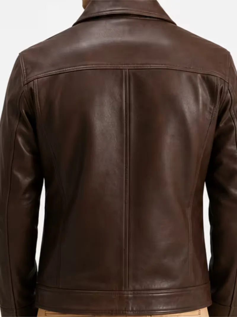 Men's black sheepskin leather jacket, front view