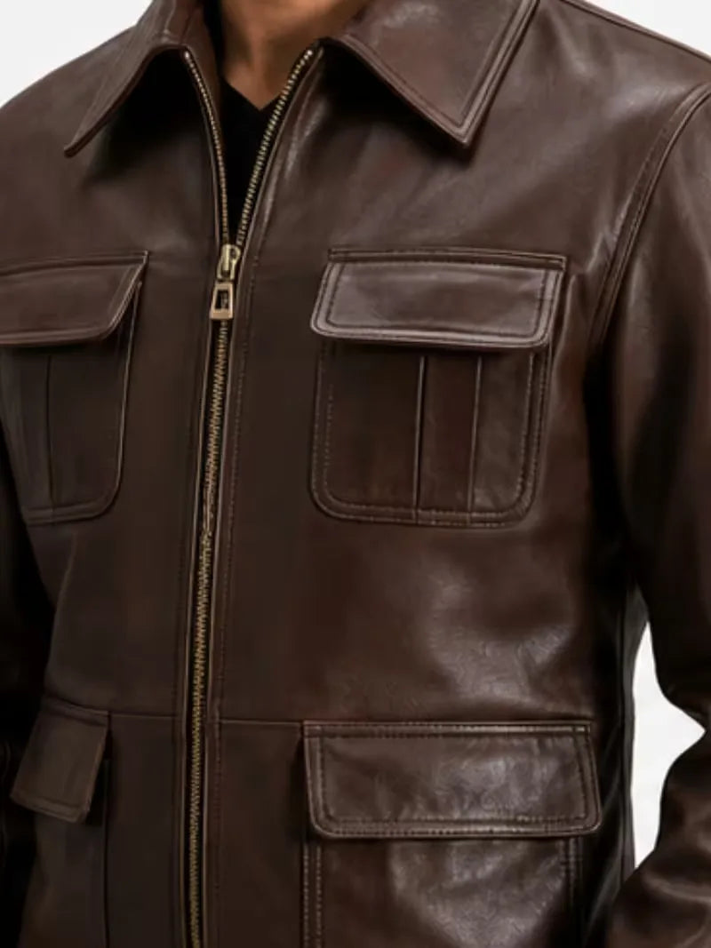 Men's black sheepskin leather jacket, worn on model