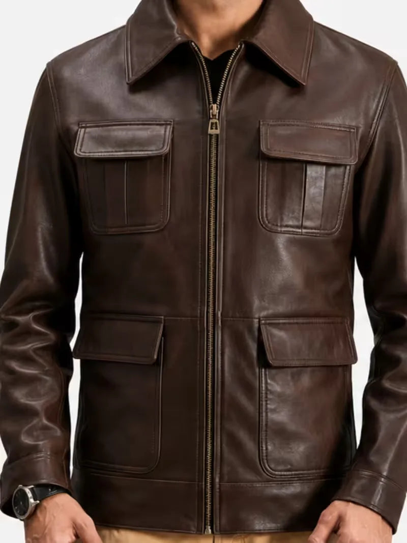 Men's black sheepskin leather jacket, full length