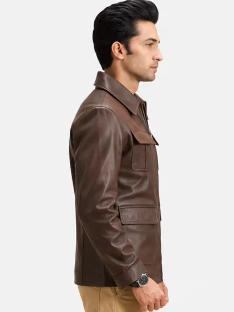 Men's black sheepskin leather jacket, pocket detail