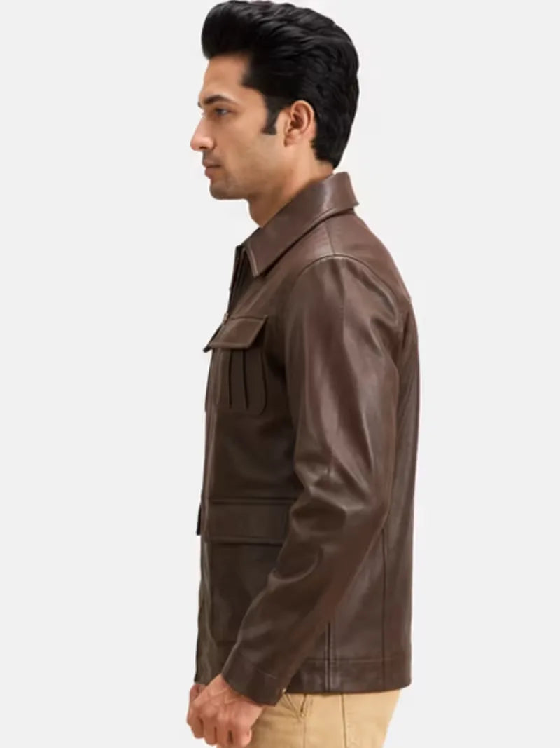 Men's black sheepskin leather jacket, lining detail