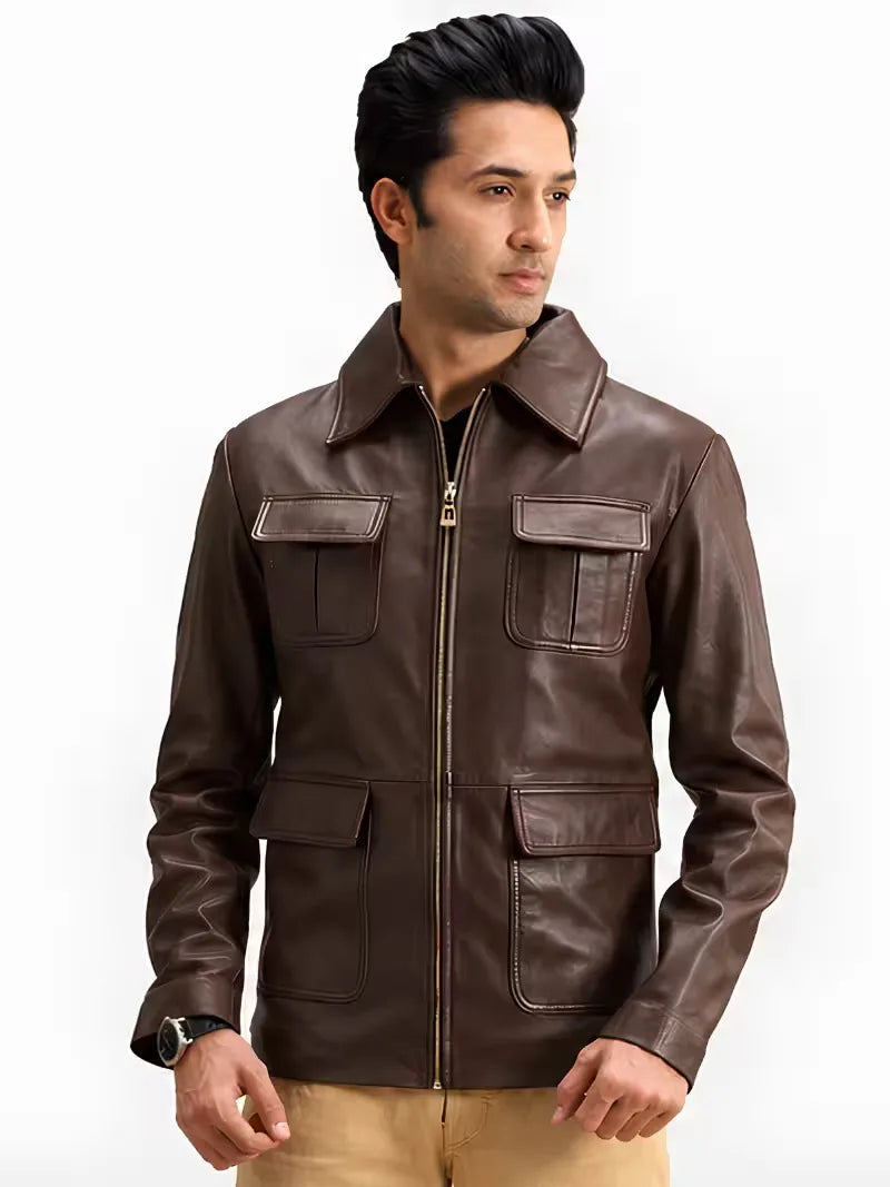 Men's black sheepskin leather jacket, zip and closure detail