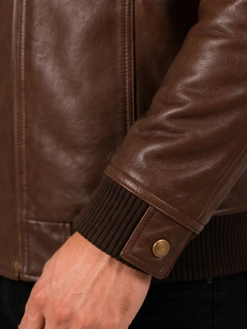 Men's black sheepskin leather jacket, cuff detail