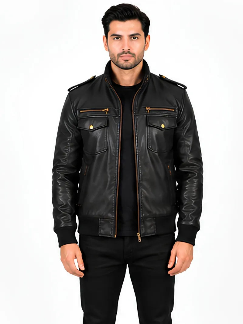 Men's black sheepskin leather jacket, front view