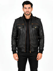 Men's black sheepskin leather jacket, front view