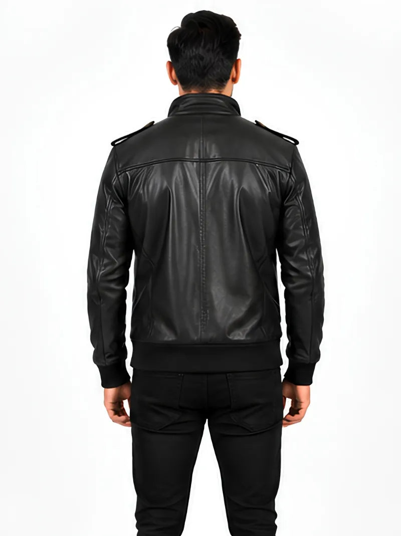 Men's black sheepskin leather jacket, back view