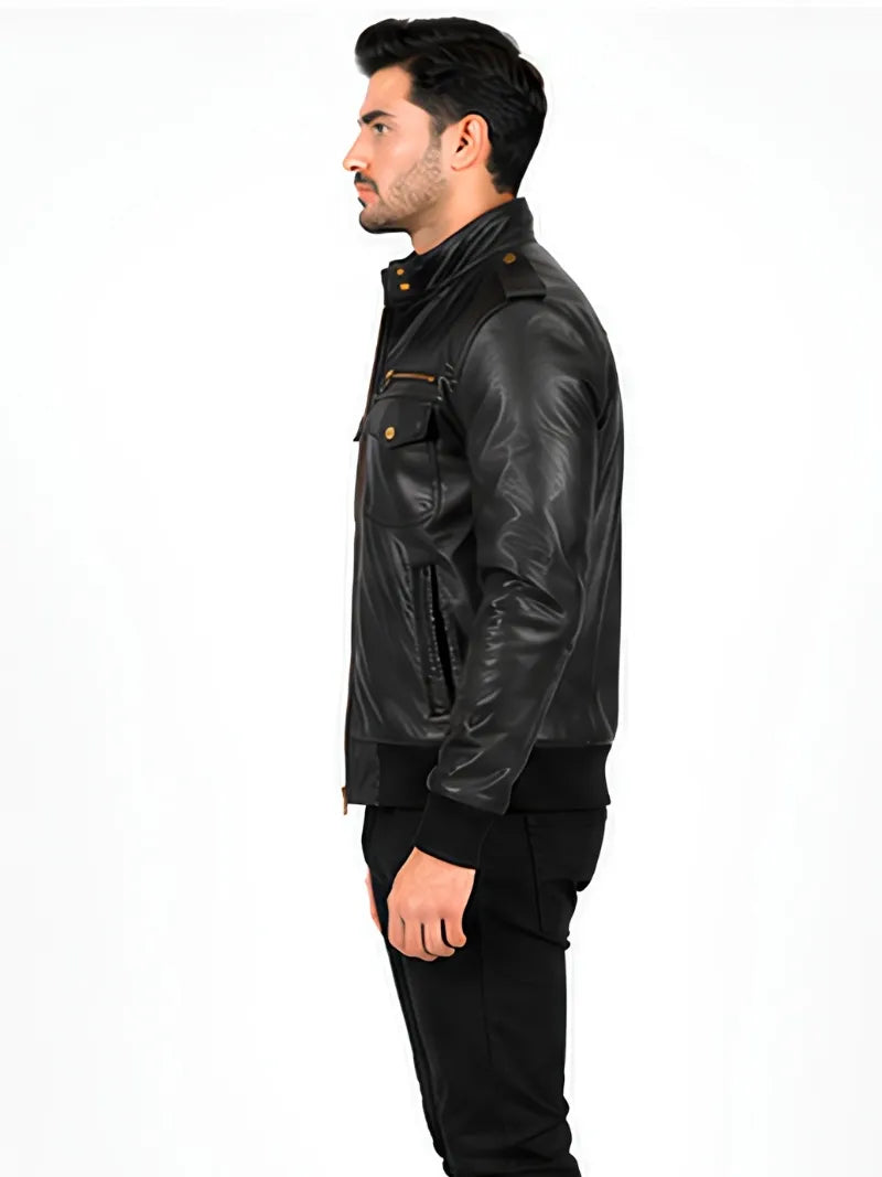 Men's black sheepskin leather jacket, side view