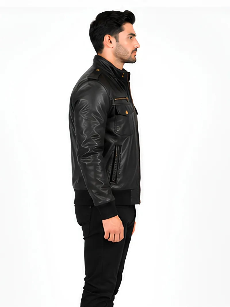 Men's black sheepskin leather jacket, collar detail