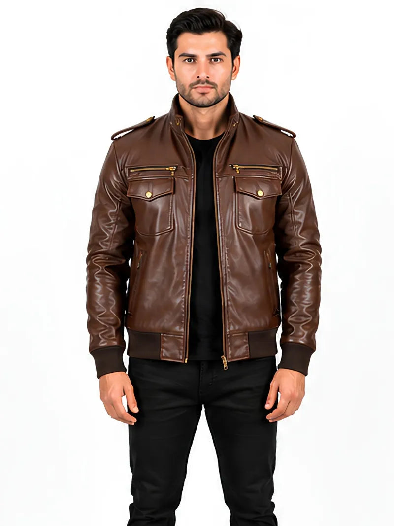 Men's black sheepskin leather jacket, zip and closure detail