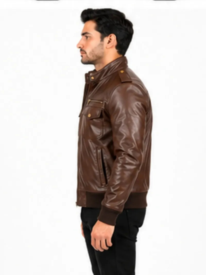 Men's black sheepskin leather jacket, pocket detail