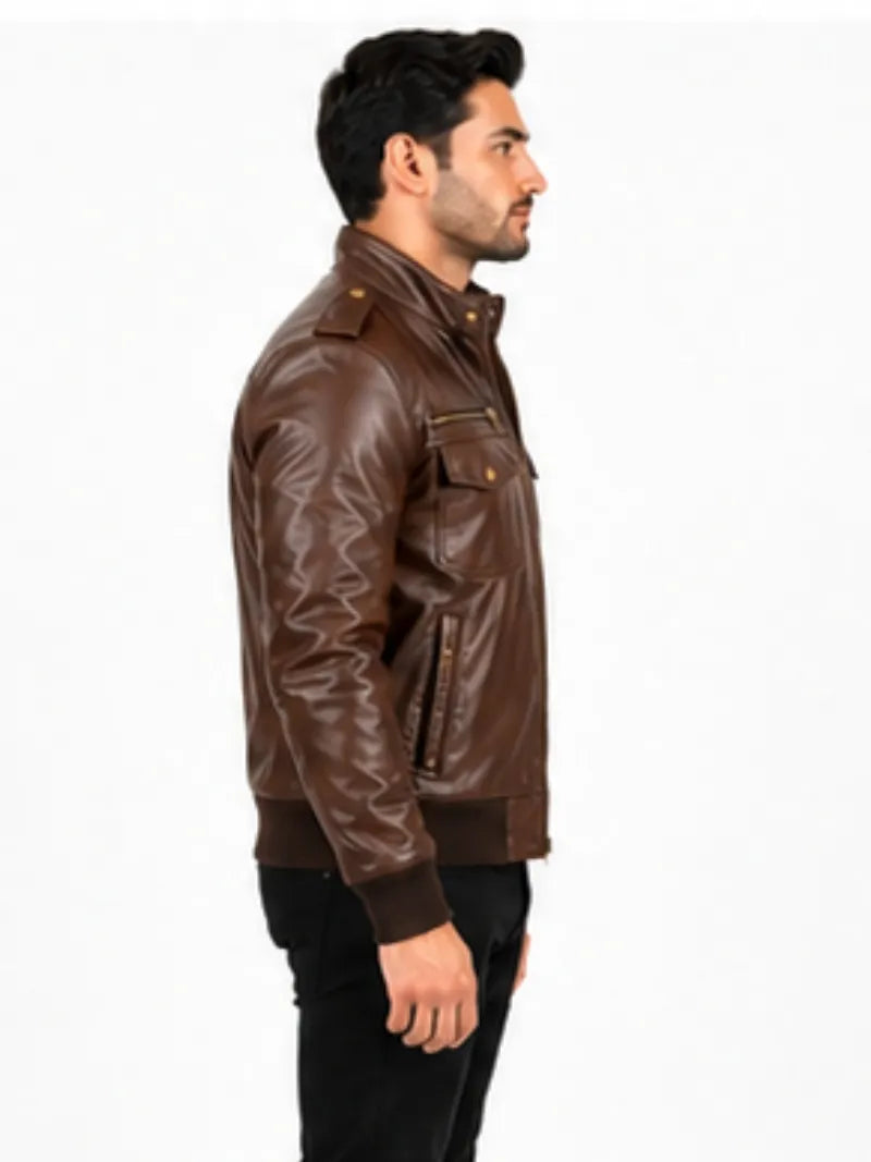 Men's black sheepskin leather jacket, lining detail