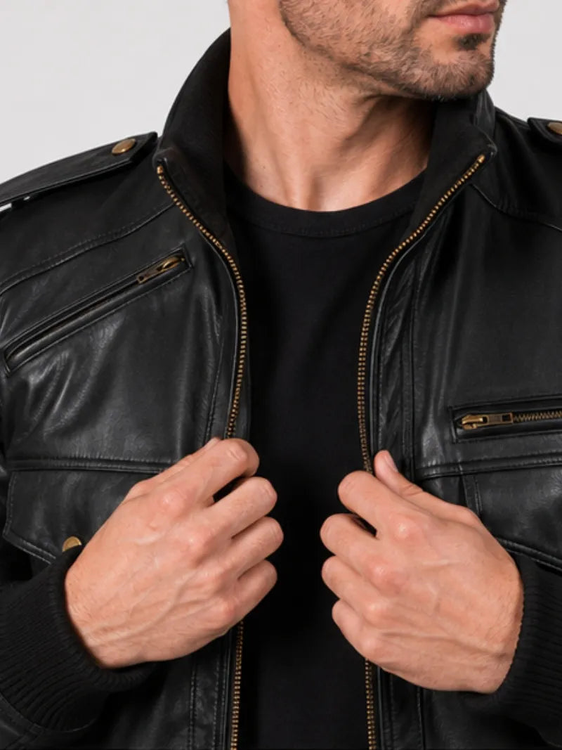Men's black sheepskin leather jacket, full length