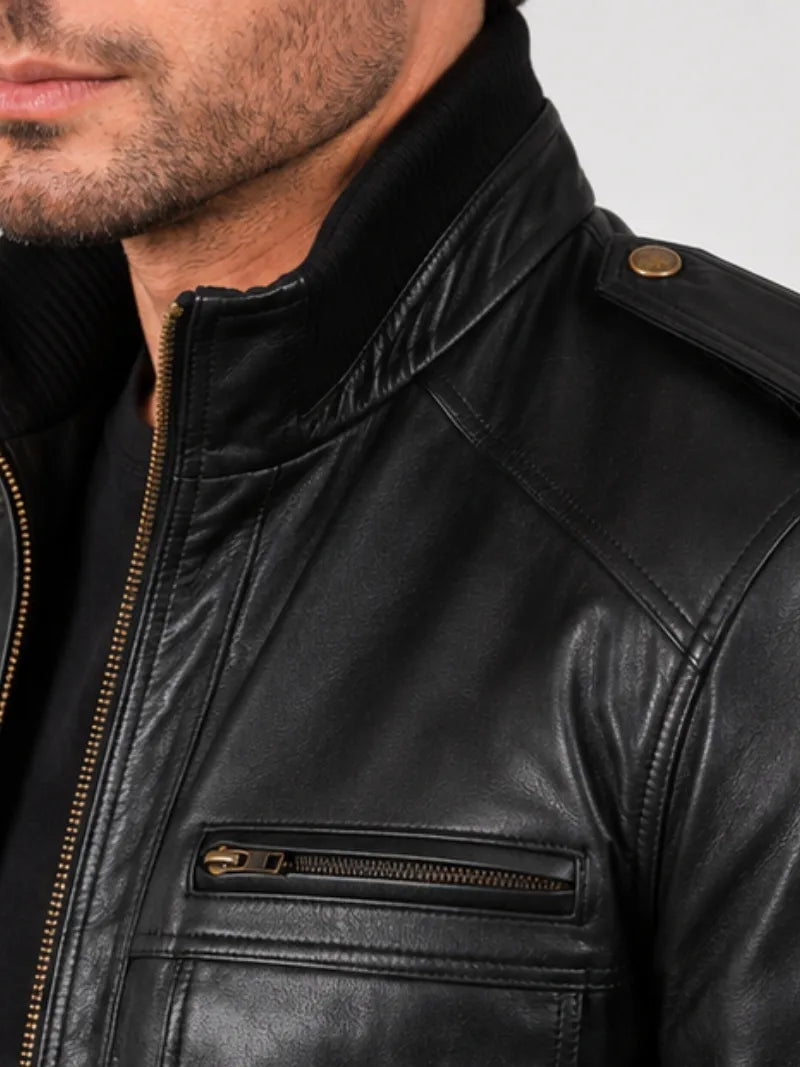 Men's black sheepskin leather jacket, worn on model