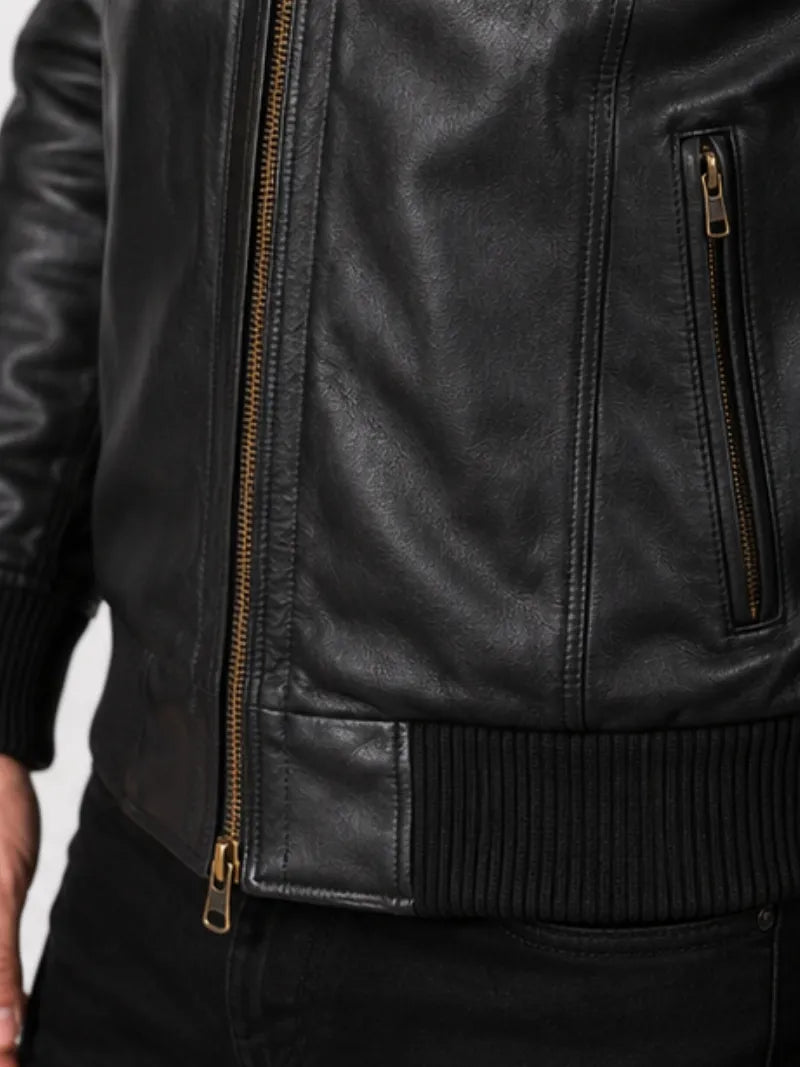 Men's black sheepskin leather jacket, front view