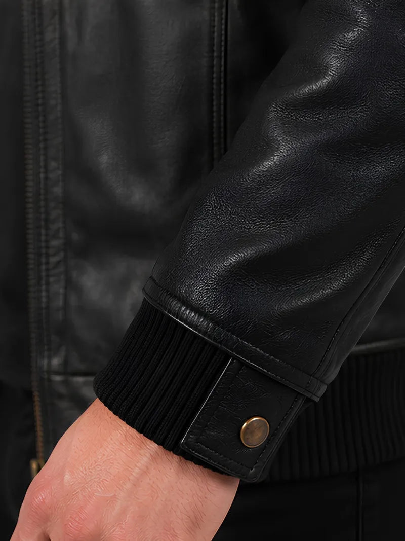 Men's black sheepskin leather jacket, back view