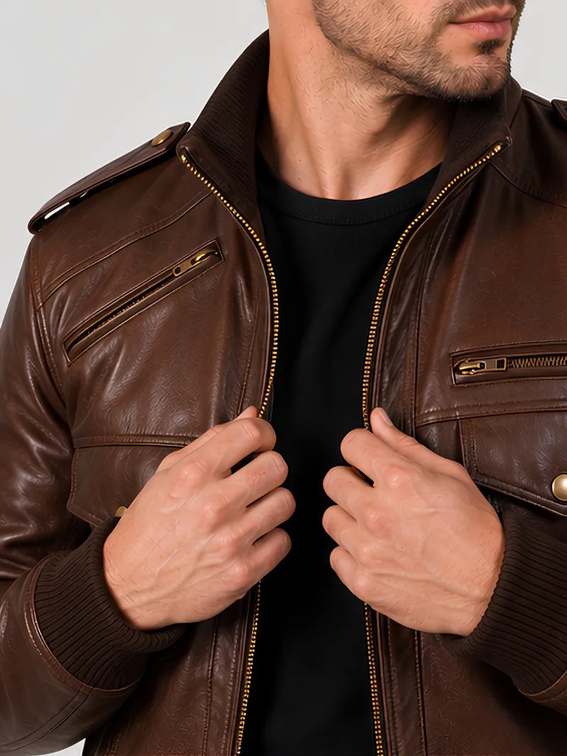Men's black sheepskin leather jacket, side view