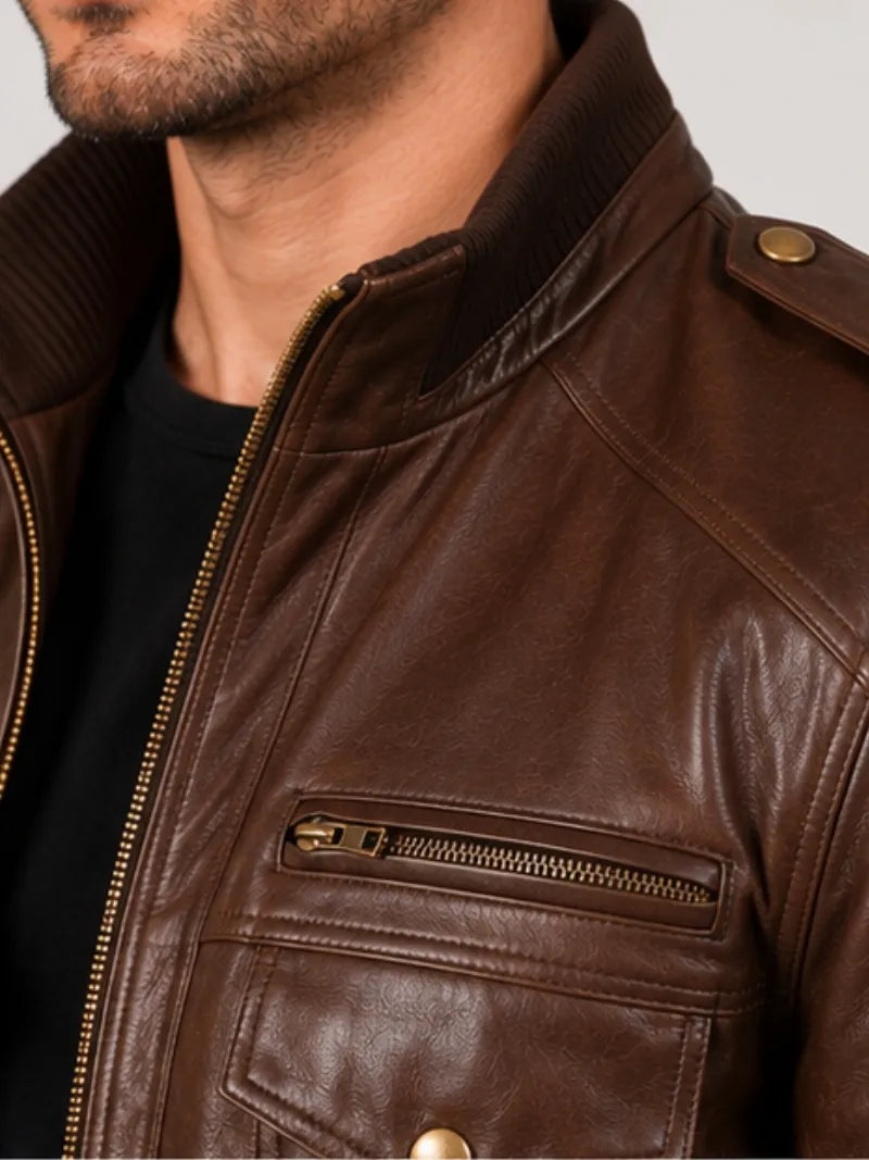 Men's black sheepskin leather jacket, collar detail