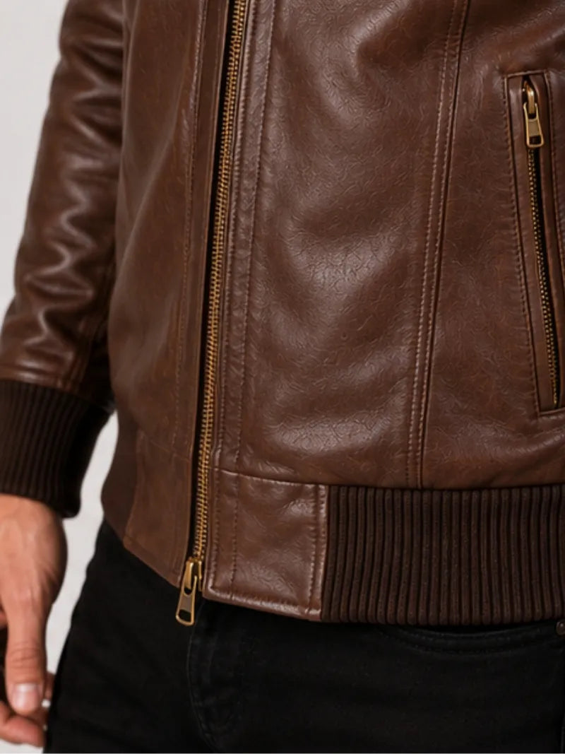 Men's black sheepskin leather jacket, zip and closure detail