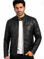 Men's black sheepskin leather jacket, front view