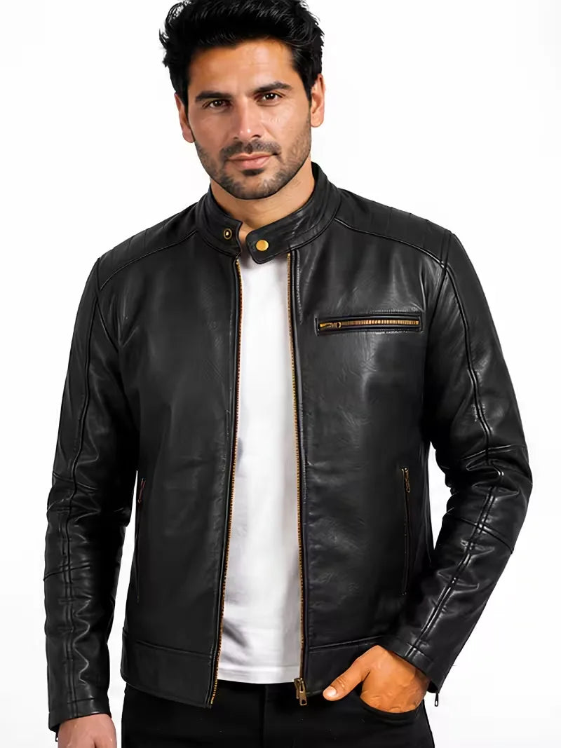 Men's Black Sheepskin Leather Jacket with Stand Collar