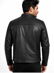 Men's black sheepskin leather jacket, back view