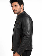 Men's black sheepskin leather jacket, collar detail