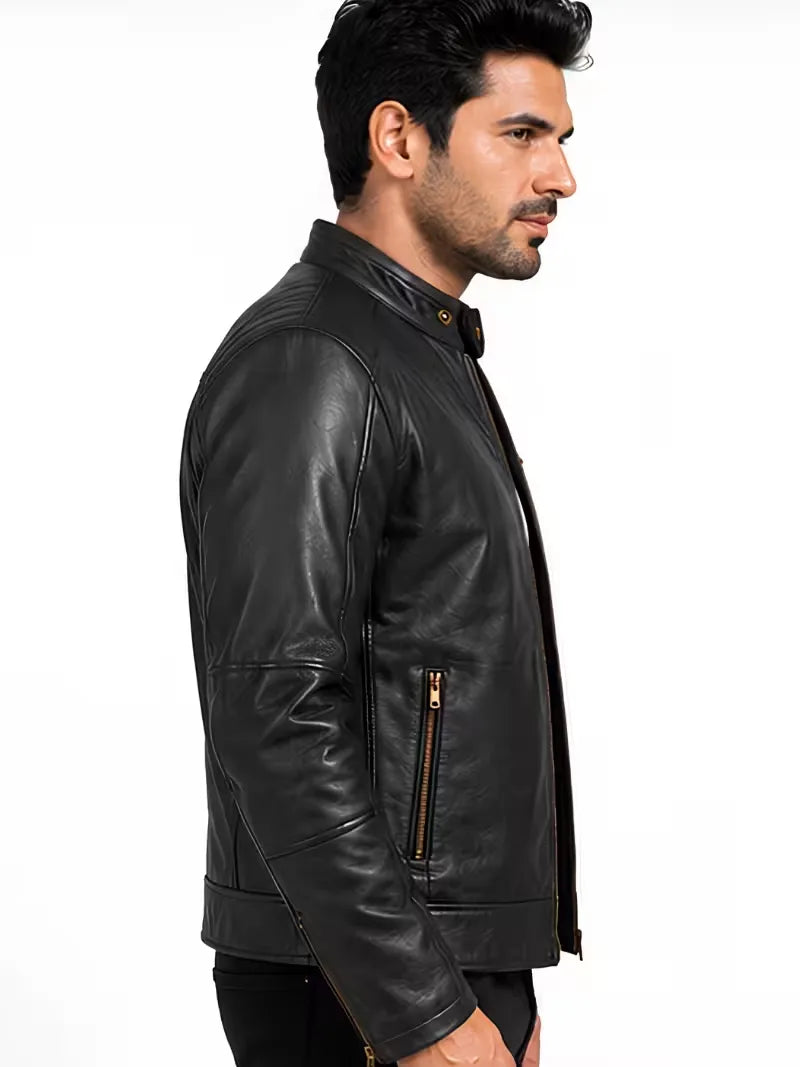 Men's black sheepskin leather jacket, side view