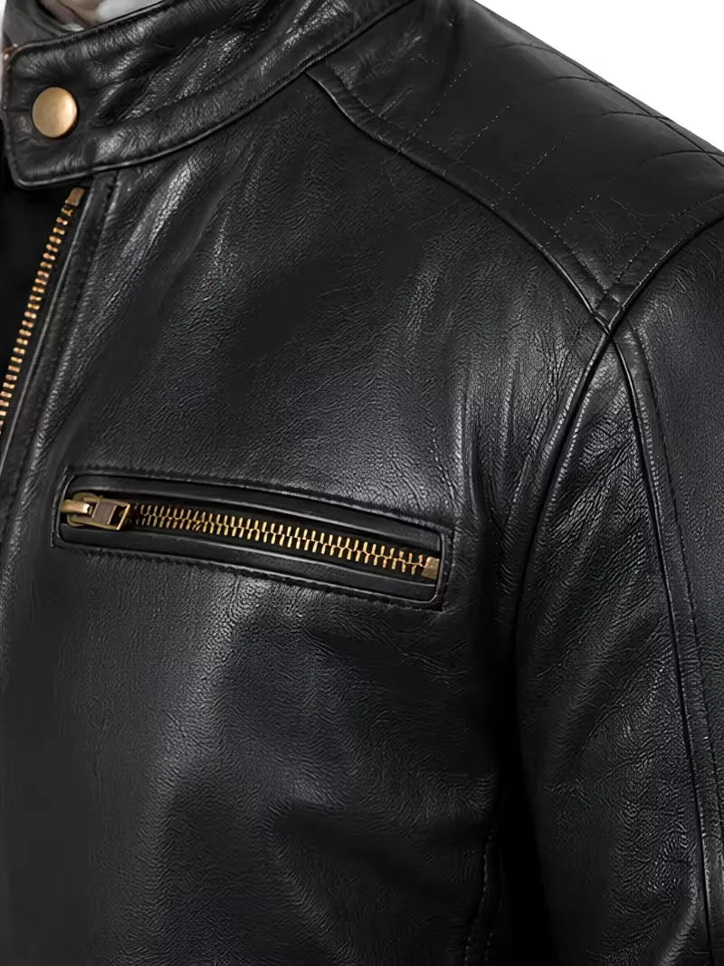 Men's black sheepskin leather jacket, worn on model
