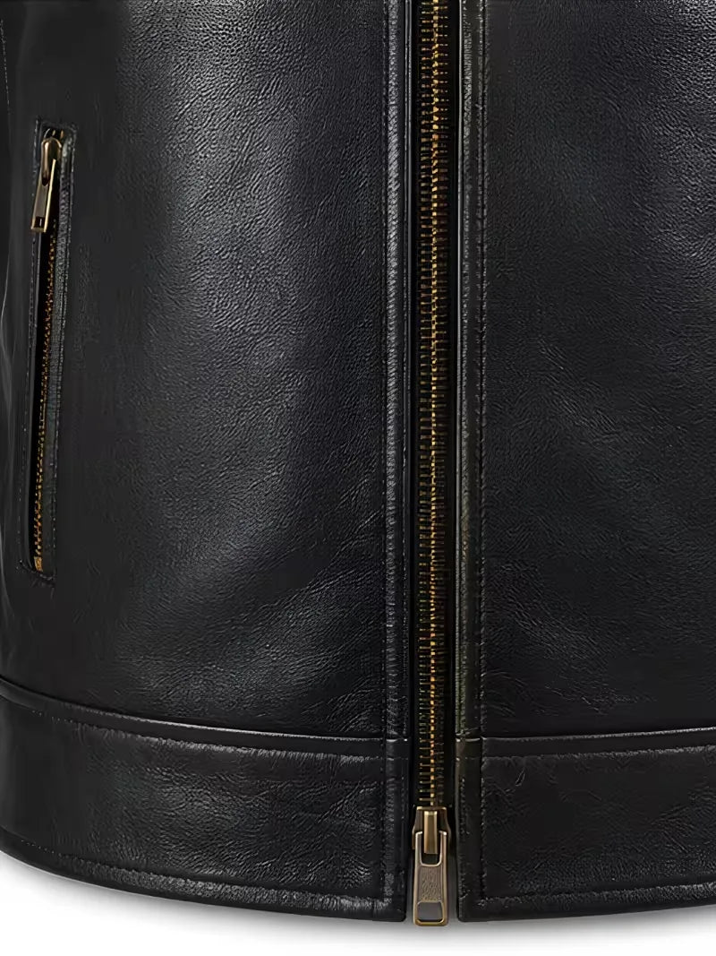 Men's black sheepskin leather jacket, front view