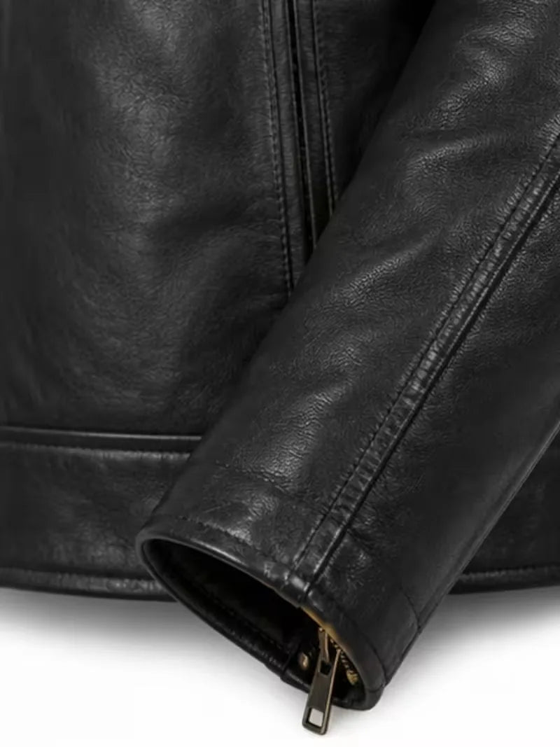 Men's black sheepskin leather jacket, back view